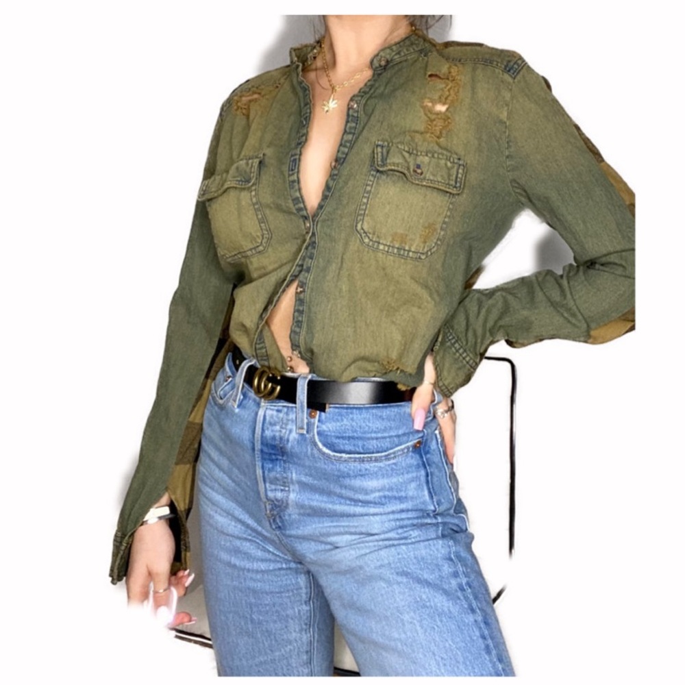 Reversible army green button down